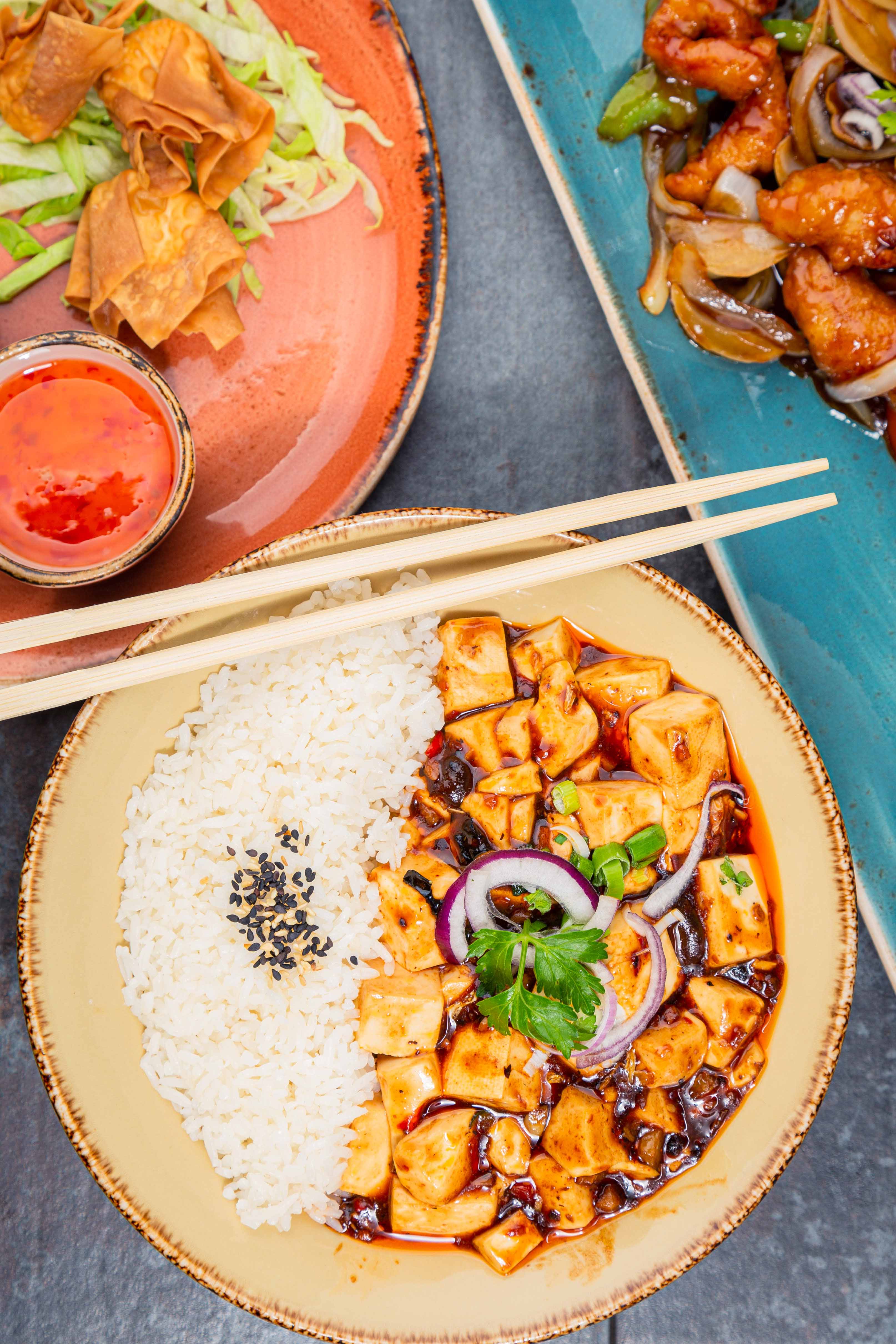 MaPo Tofu in a bowl with steamed rice