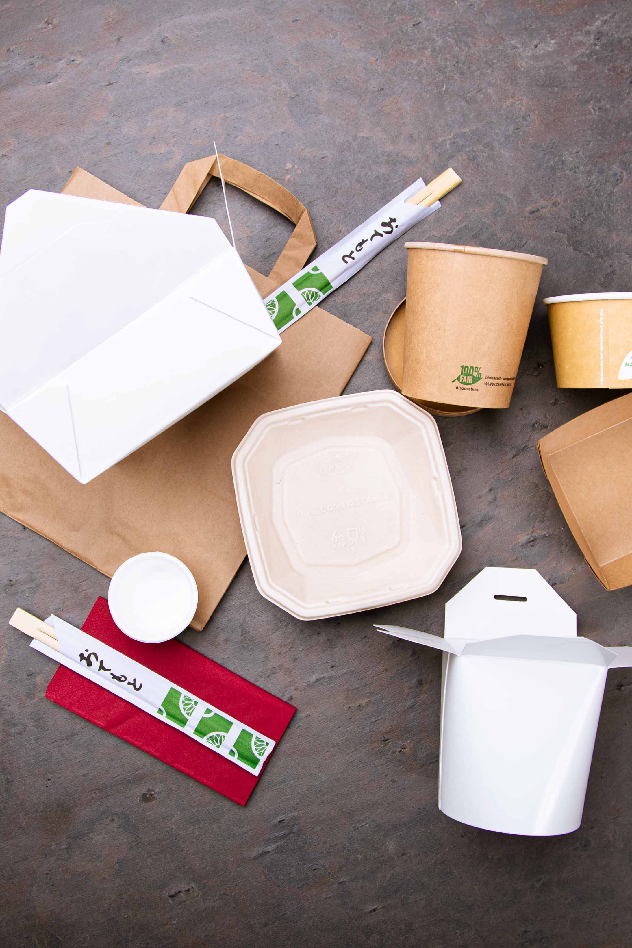 Different sustainable packaging from the restaurant.